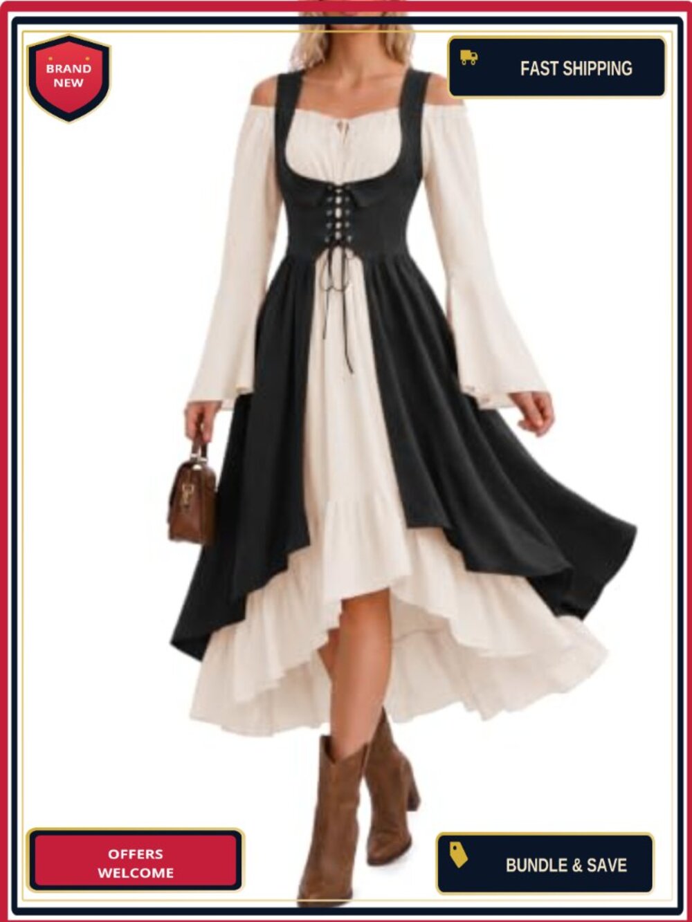 Womens Renaissance Costume Corset Dress Bell Sleeve Medieval Fairy 2 Piece
